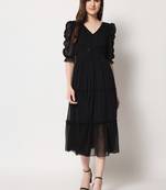 Women Black Chiffon Midi Dress