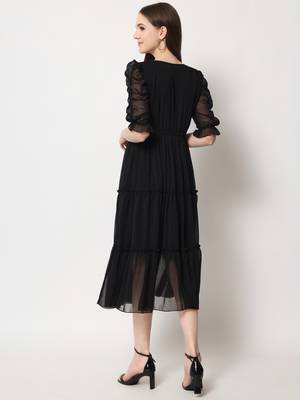 Women Black Chiffon Midi Dress 2