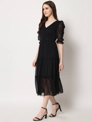 Women Black Chiffon Midi Dress 3