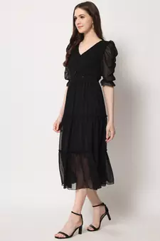 Women Black Chiffon Midi Dress