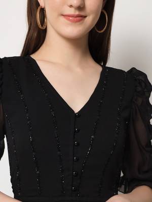 Women Black Chiffon Midi Dress 4