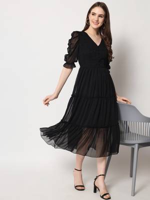 Women Black Chiffon Midi Dress 5