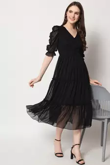 Women Black Chiffon Midi Dress
