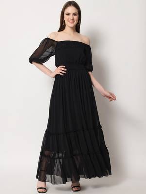 MATINE Women Black Chiffon Tiered Maxi Dress 1