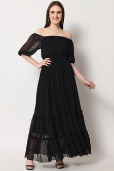 MATINE Women Black Chiffon Tiered Maxi Dress