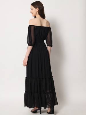 MATINE Women Black Chiffon Tiered Maxi Dress 2