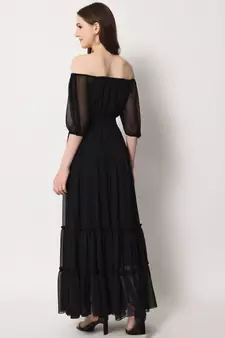 MATINE Women Black Chiffon Tiered Maxi Dress