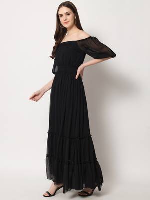 MATINE Women Black Chiffon Tiered Maxi Dress 3