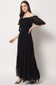 MATINE Women Black Chiffon Tiered Maxi Dress
