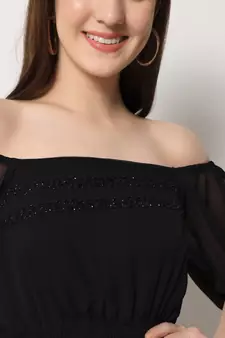 MATINE Women Black Chiffon Tiered Maxi Dress