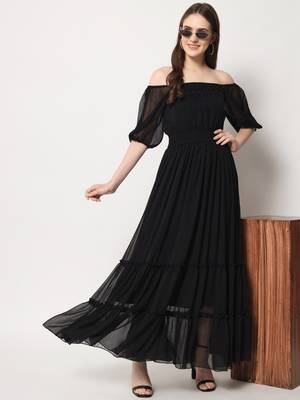 MATINE Women Black Chiffon Tiered Maxi Dress 5