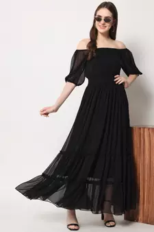 MATINE Women Black Chiffon Tiered Maxi Dress
