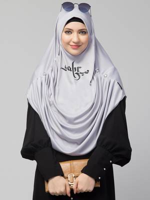  Nazneen Islamic Calligraphy printed front gather & pleated with Cristal stone ready to wear prayer Hijab  4