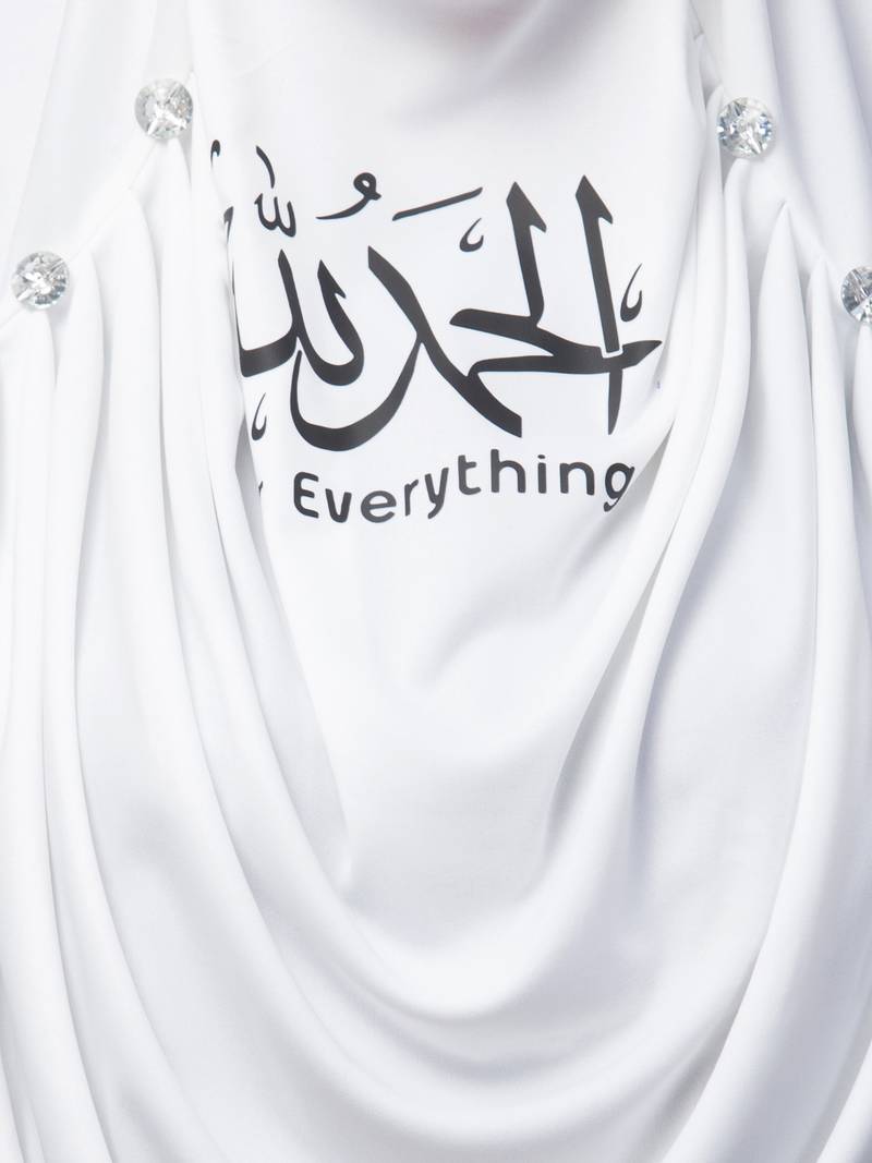  Nazneen Islamic Calligraphy printed front gather & pleated with Cristal stone ready to wear prayer Hijab 