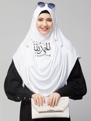  Nazneen Islamic Calligraphy printed front gather & pleated with Cristal stone ready to wear prayer Hijab  4