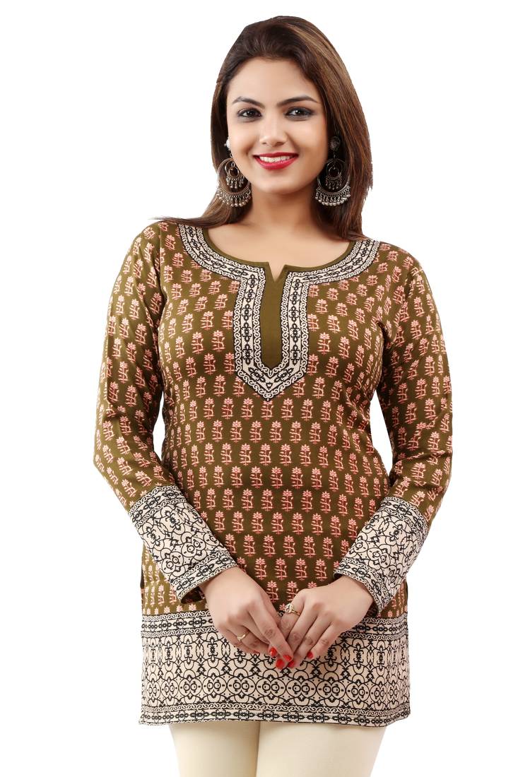 Mehendi Green printed crepe stitched short-kurtis