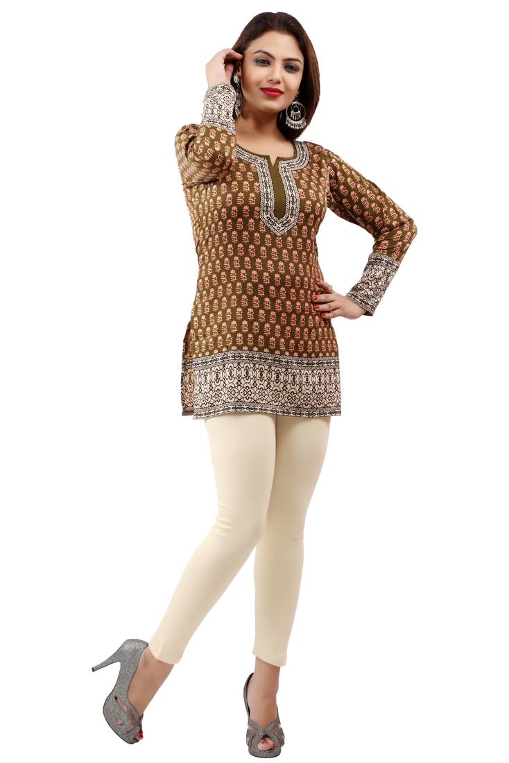 Mehendi Green printed crepe stitched short-kurtis