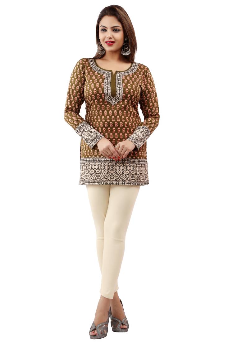 Mehendi Green printed crepe stitched short-kurtis