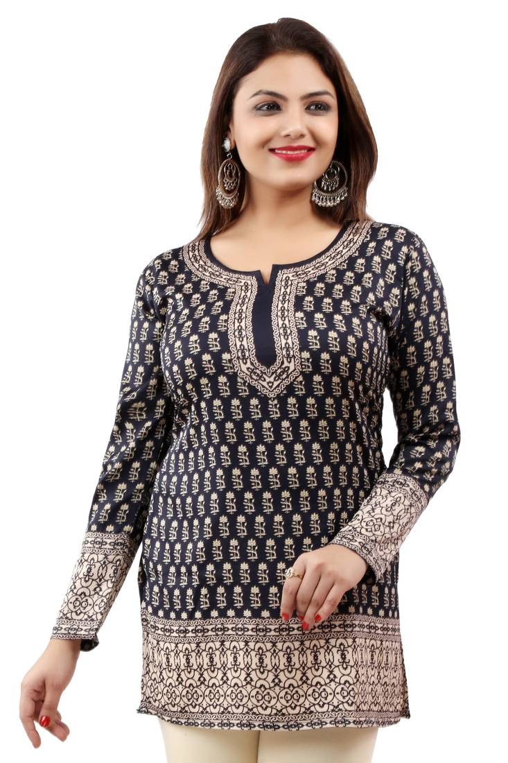Dark Blue printed crepe stitched short-kurtis