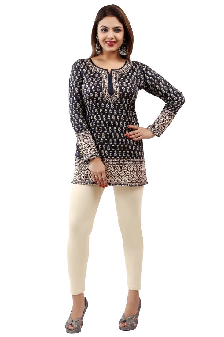 Dark Blue printed crepe stitched short-kurtis