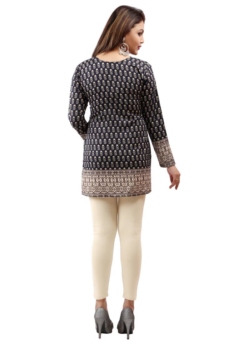 Dark Blue printed crepe stitched short-kurtis