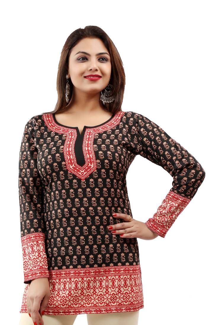 Dark black printed crepe stitched short-kurtis