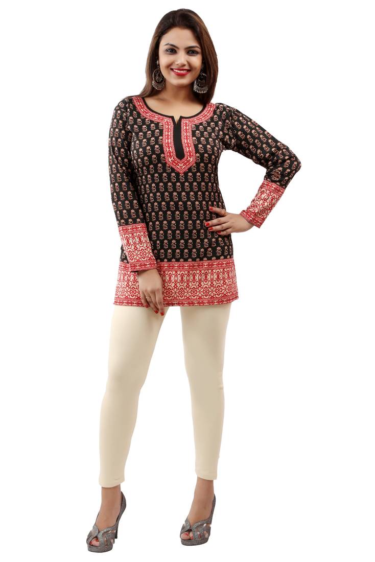 Dark black printed crepe stitched short-kurtis
