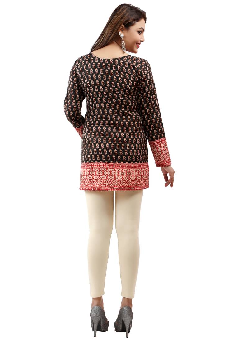 Dark black printed crepe stitched short-kurtis
