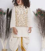 Little Bansi Banarsi Silk Floral Embroidery Jacket with Cotton Kantha kurta and Kantha Dhoti - Cream