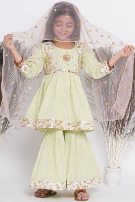 Little Bansi Floral Embroidery Jacket with Cotton Lurex Frock Sharara and Dupatta with Ghungroo Handwork - Bottle Green 1