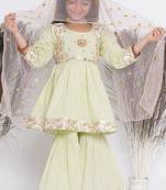 Little Bansi Floral Embroidery Jacket with Cotton Lurex Frock Sharara and Dupatta with Ghungroo Handwork - Bottle Green