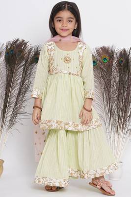 Little Bansi Floral Embroidery Jacket with Cotton Lurex Frock Sharara and Dupatta with Ghungroo Handwork - Bottle Green 2