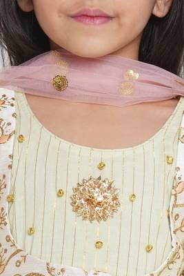 Little Bansi Floral Embroidery Jacket with Cotton Lurex Frock Sharara and Dupatta with Ghungroo Handwork - Bottle Green 3