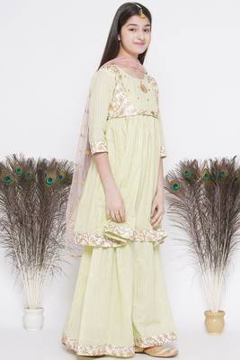 Little Bansi Floral Embroidery Jacket with Cotton Lurex Frock Sharara and Dupatta with Ghungroo Handwork - Bottle Green 4