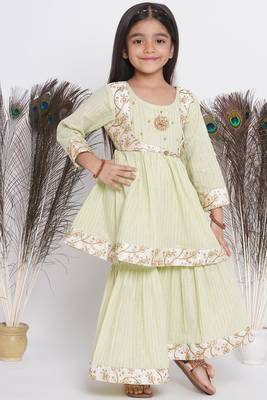 Little Bansi Floral Embroidery Jacket with Cotton Lurex Frock Sharara and Dupatta with Ghungroo Handwork - Bottle Green 5