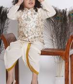 Little Bansi Banarsi Silk Pink Blue Floral Embroidery Jacket with Cotton Kantha kurta and Kantha Dhoti - Cream