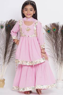 Little Bansi Floral Embroidery Jacket with Cotton Kantha Frock Sharara and Dupatta with Ghungroo Handwork - Pink 1