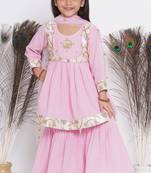 Little Bansi Floral Embroidery Jacket with Cotton Kantha Frock Sharara and Dupatta with Ghungroo Handwork - Pink