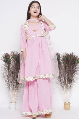Little Bansi Floral Embroidery Jacket with Cotton Kantha Frock Sharara and Dupatta with Ghungroo Handwork - Pink 2