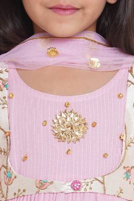 Little Bansi Floral Embroidery Jacket with Cotton Kantha Frock Sharara and Dupatta with Ghungroo Handwork - Pink 3