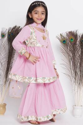 Little Bansi Floral Embroidery Jacket with Cotton Kantha Frock Sharara and Dupatta with Ghungroo Handwork - Pink 4