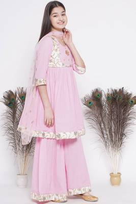 Little Bansi Floral Embroidery Jacket with Cotton Kantha Frock Sharara and Dupatta with Ghungroo Handwork - Pink 5