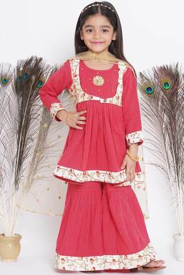 Little Bansi Floral Embroidery Jacket with Cotton Kantha Frock Sharara and Dupatta with Ghungroo Handwork - Red 1