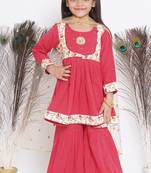 Little Bansi Floral Embroidery Jacket with Cotton Kantha Frock Sharara and Dupatta with Ghungroo Handwork - Red