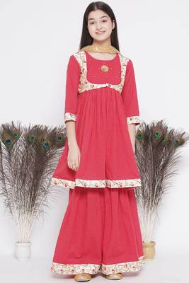 Little Bansi Floral Embroidery Jacket with Cotton Kantha Frock Sharara and Dupatta with Ghungroo Handwork - Red 2
