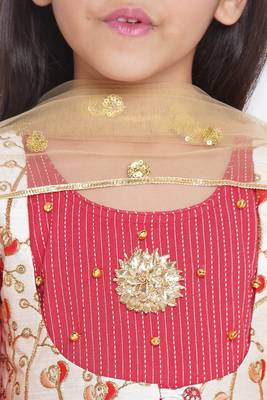 Little Bansi Floral Embroidery Jacket with Cotton Kantha Frock Sharara and Dupatta with Ghungroo Handwork - Red 3