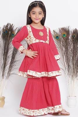 Little Bansi Floral Embroidery Jacket with Cotton Kantha Frock Sharara and Dupatta with Ghungroo Handwork - Red 4