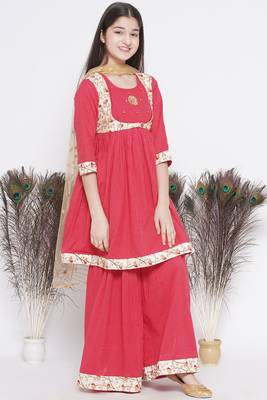 Little Bansi Floral Embroidery Jacket with Cotton Kantha Frock Sharara and Dupatta with Ghungroo Handwork - Red 5