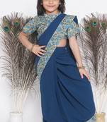 Little Bansi Floral print ready to wear saree and Floral blouse - Blue