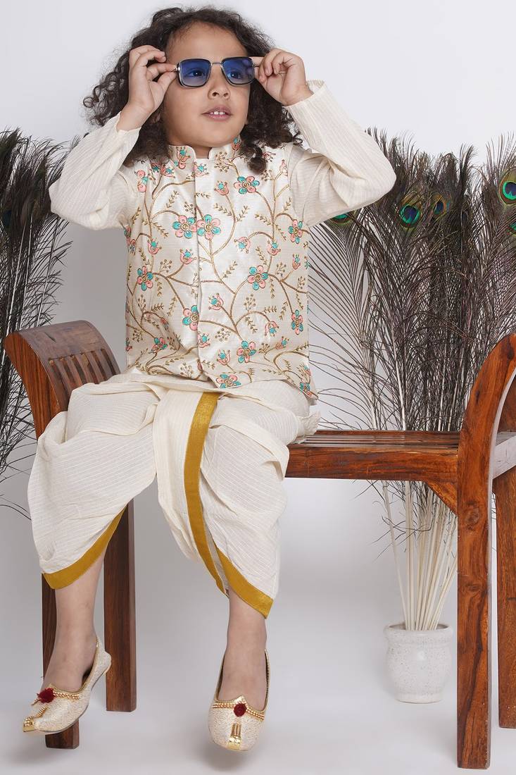 Little Bansi Banarsi Silk Pink Blue Floral Embroidery Jacket with Cotton Kantha kurta and Kantha Pyjama - Cream